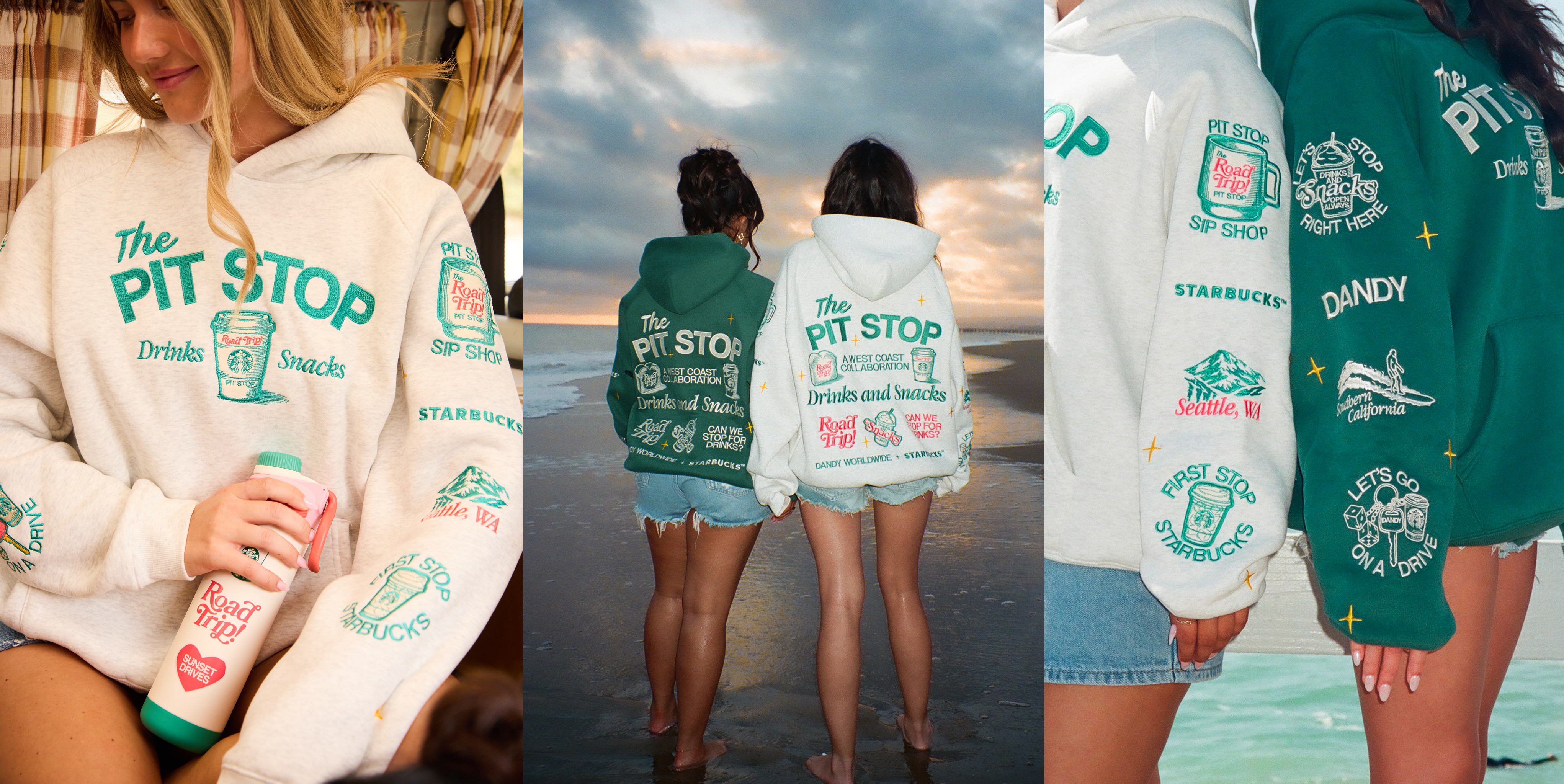 A three-panel collage showing people wearing graphic hoodies. The left panel shows a woman in a white hoodie holding a Dandy + Starbucks-branded drink bottle.