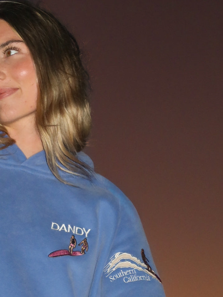 "Endless Summer" Oversized Lux Hoodie in Vintage Washed Blue showing the embroidery on the front of the hoodie