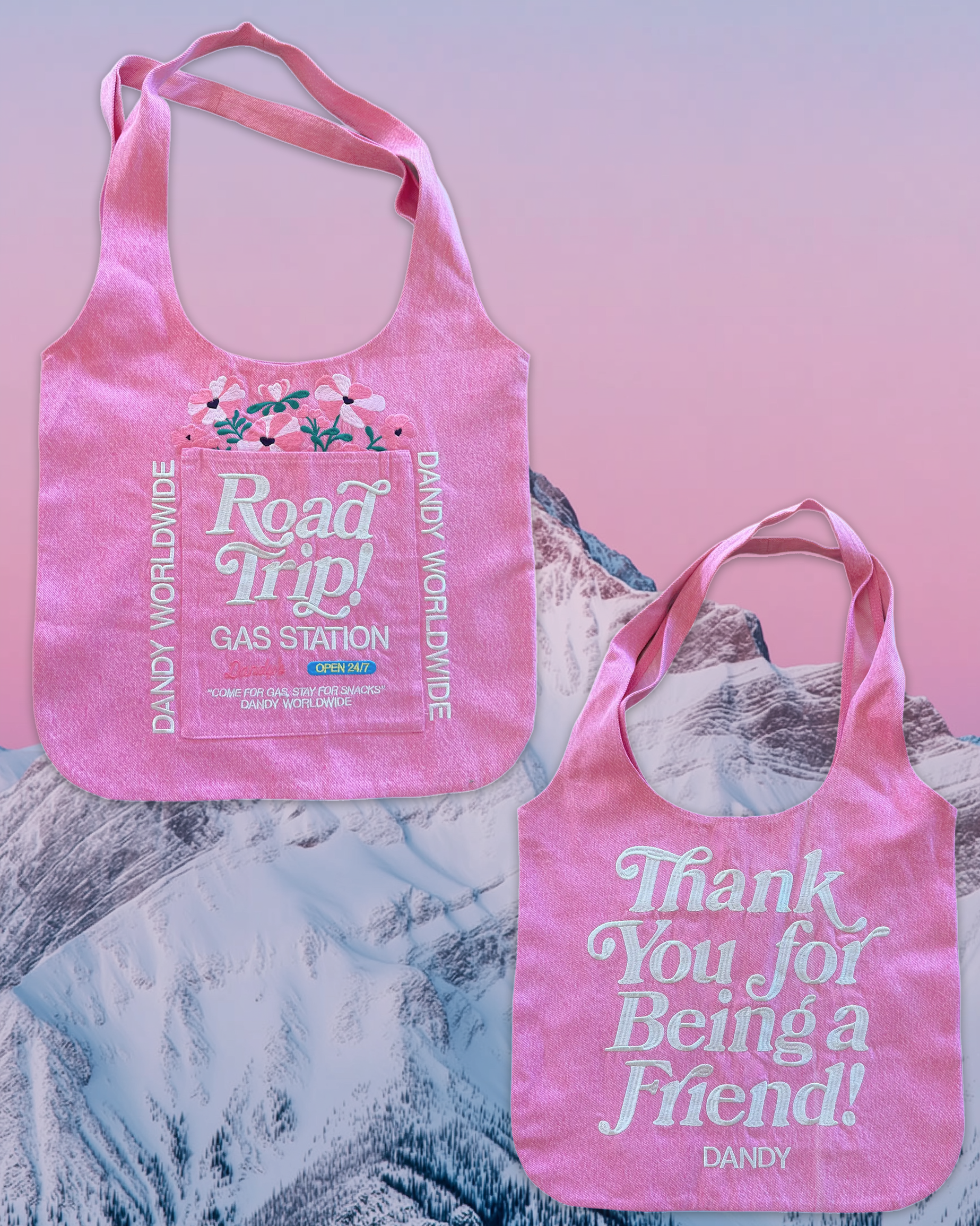 "Road Trip!" Double-Sided Tote Bag in Denim Pink