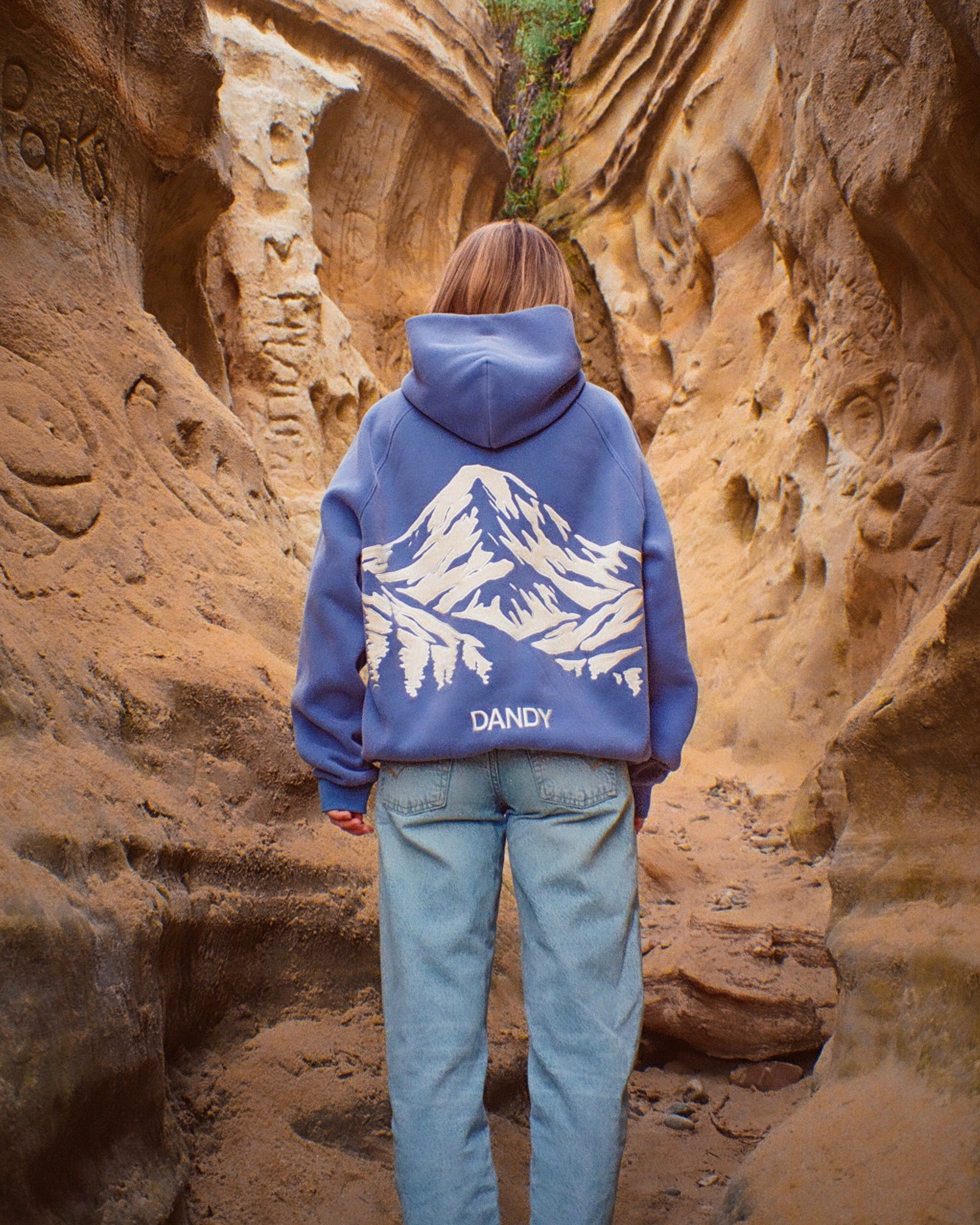 Person wearing a blue hoodie with mountain design and 'DANDY' branding in a rocky canyon.