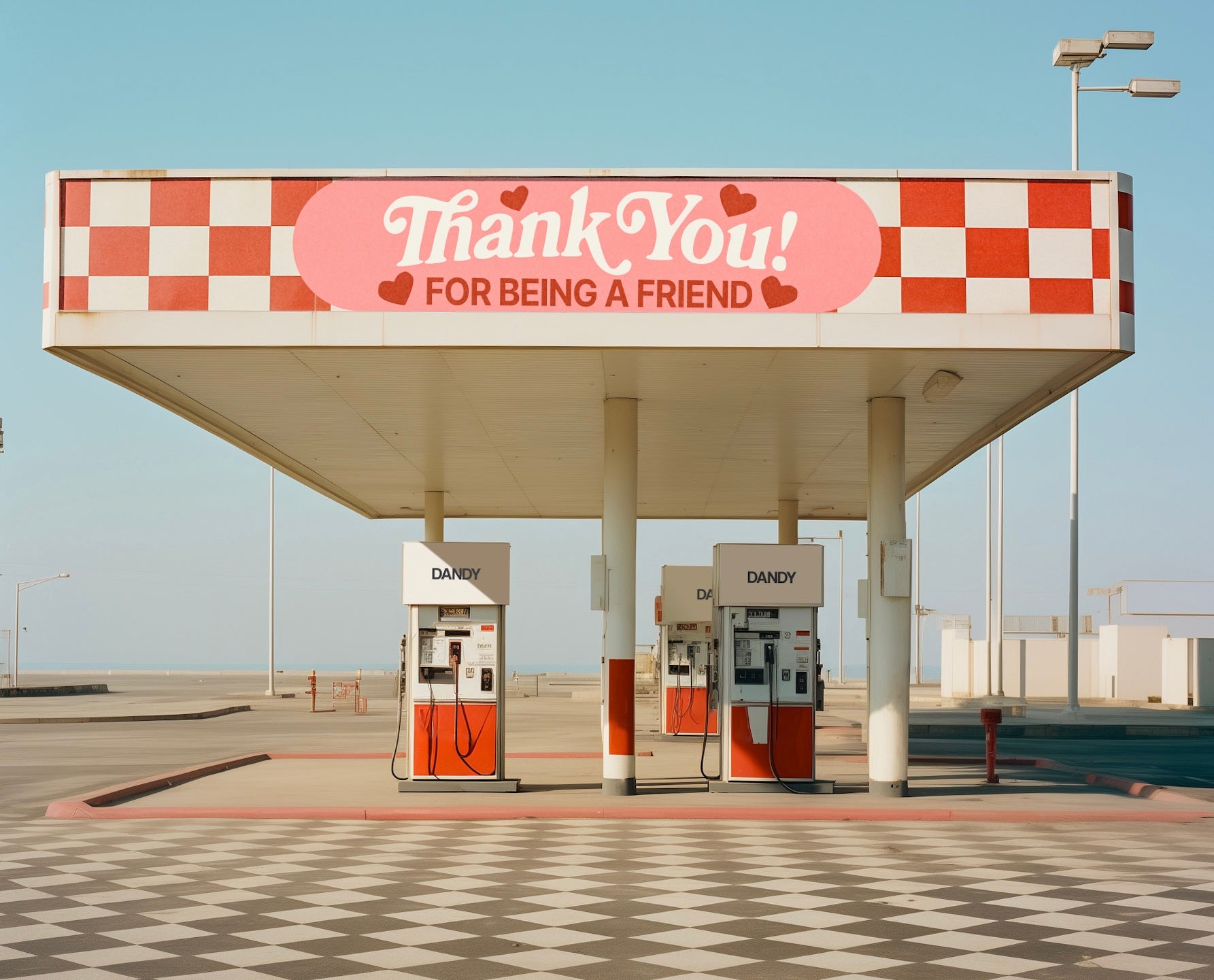 Retro-style gas station with red-white checkerboard design and a large sign that reads THANK YOU! FOR BEING A FRIEND