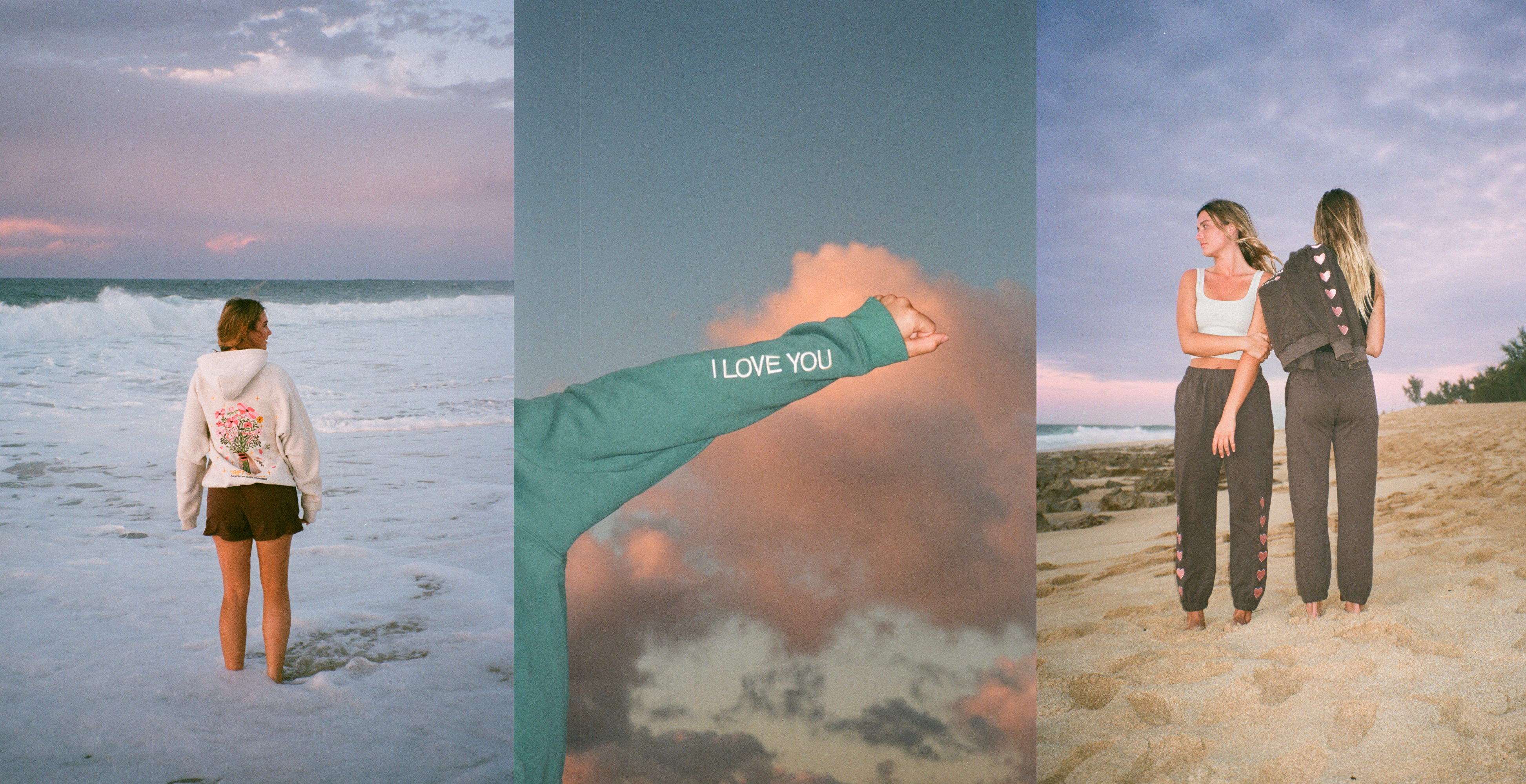 Three sunset beach scenes: woman in white hoodie faces ocean, 'I LOVE YOU' sleeve in sky, two women pose on sand.