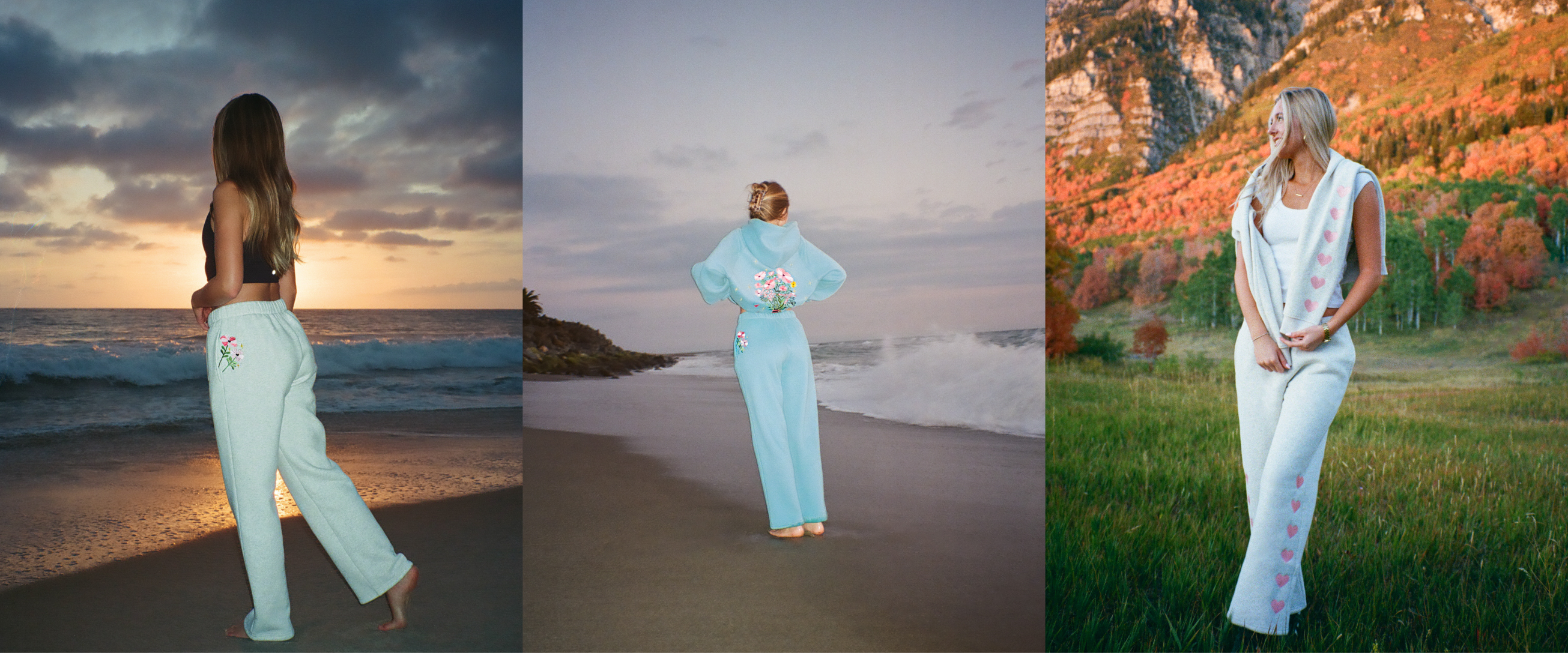 Three women in light blue embroidered sets—walking at sunset beach, posing by waves, and near autumn trees.