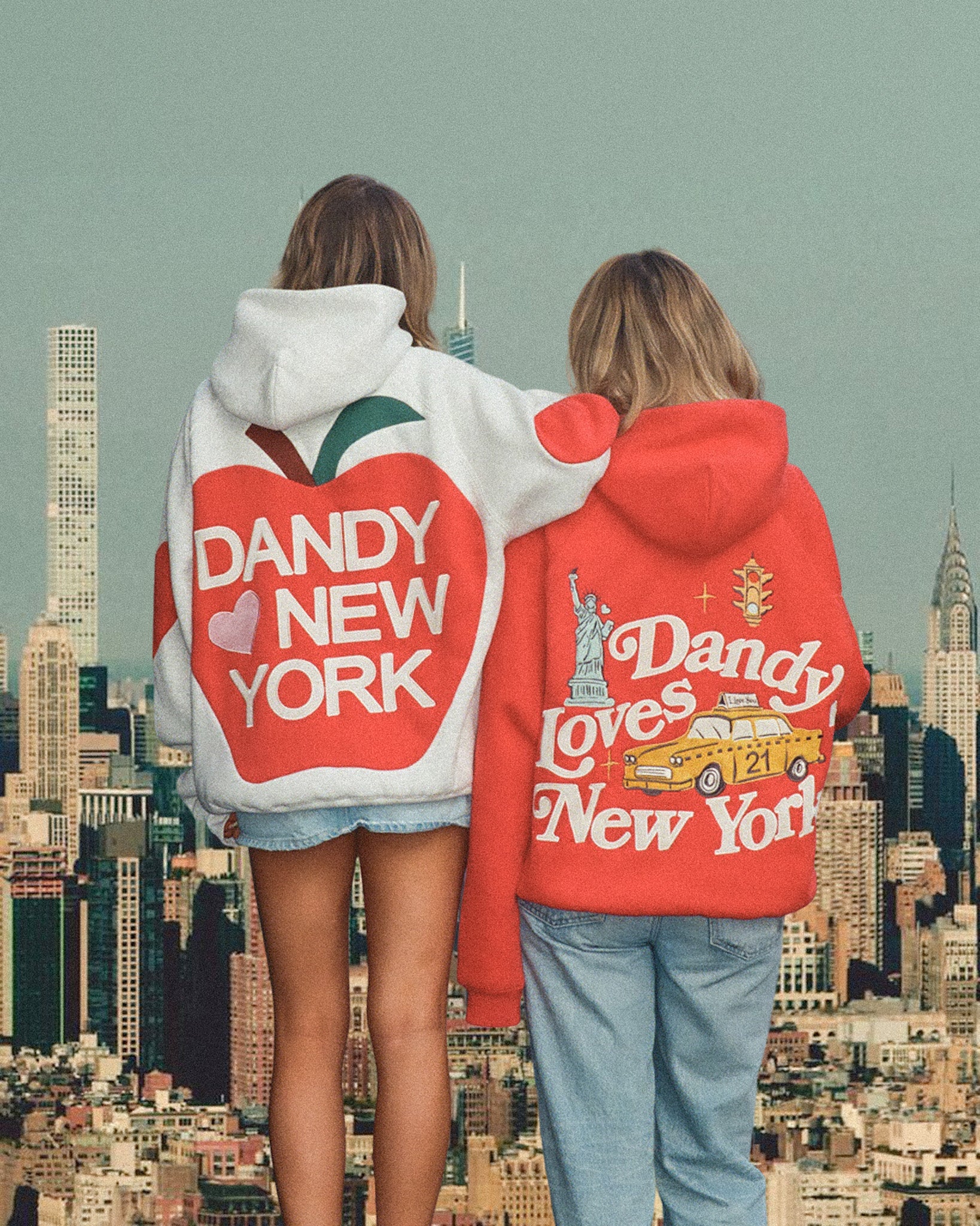 Two people wearing hoodies with 'Dandy New York' text and graphics against a cityscape background.