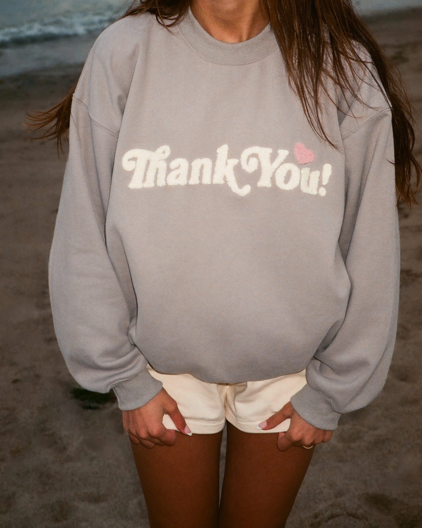 "Thank You" Embroidered Crew Neck in Light Grey