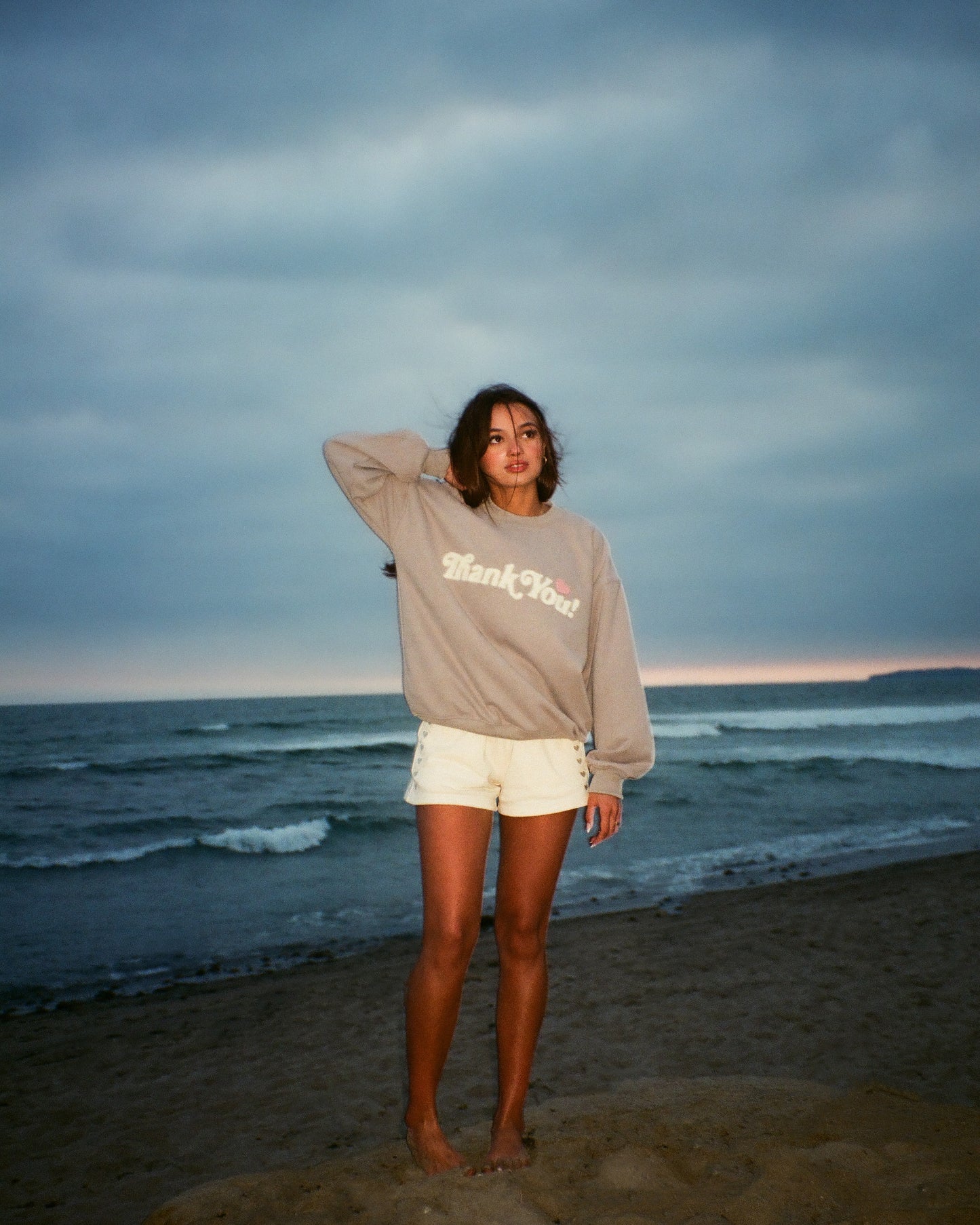 "Thank You" Embroidered Crew Neck in Light Grey