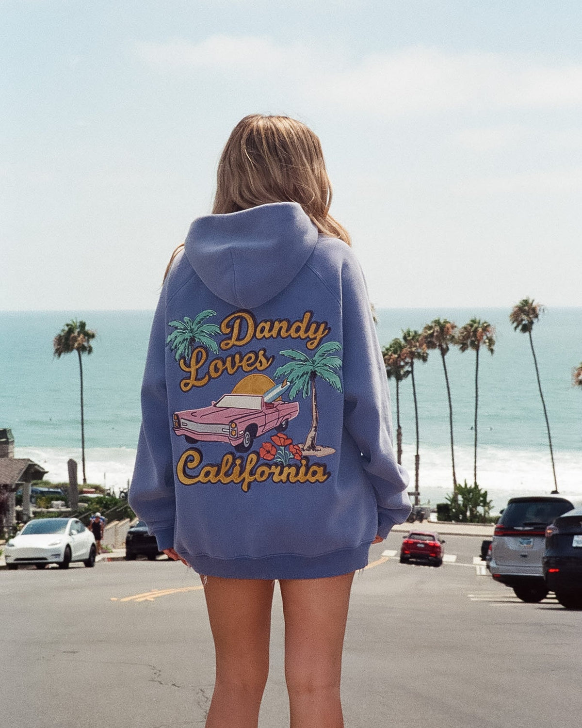 Person wearing a hoodie with 'Dandy Loves California' design by the beach.