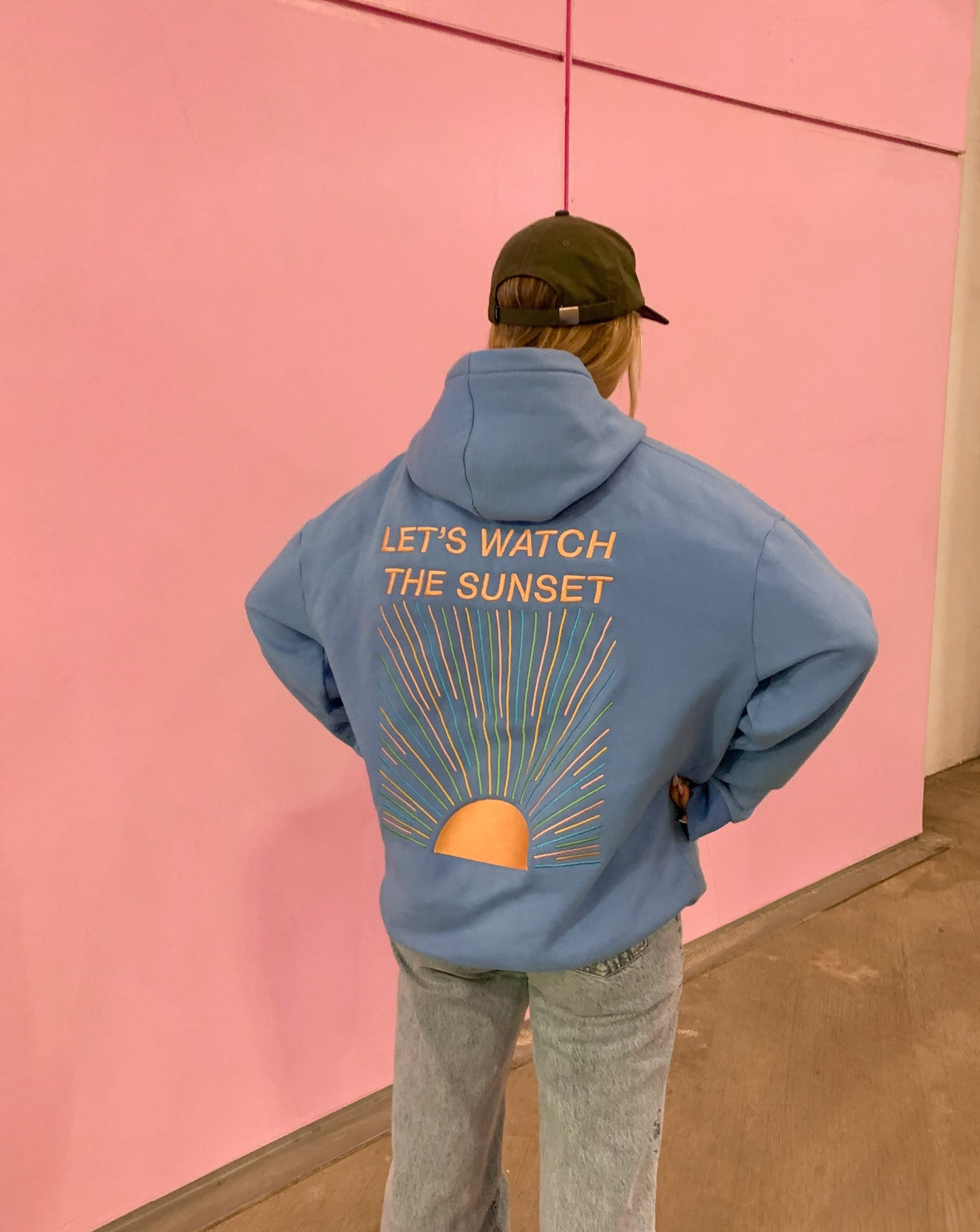 "Let's Watch the Sunset" Embroidered Hoodie in Blue