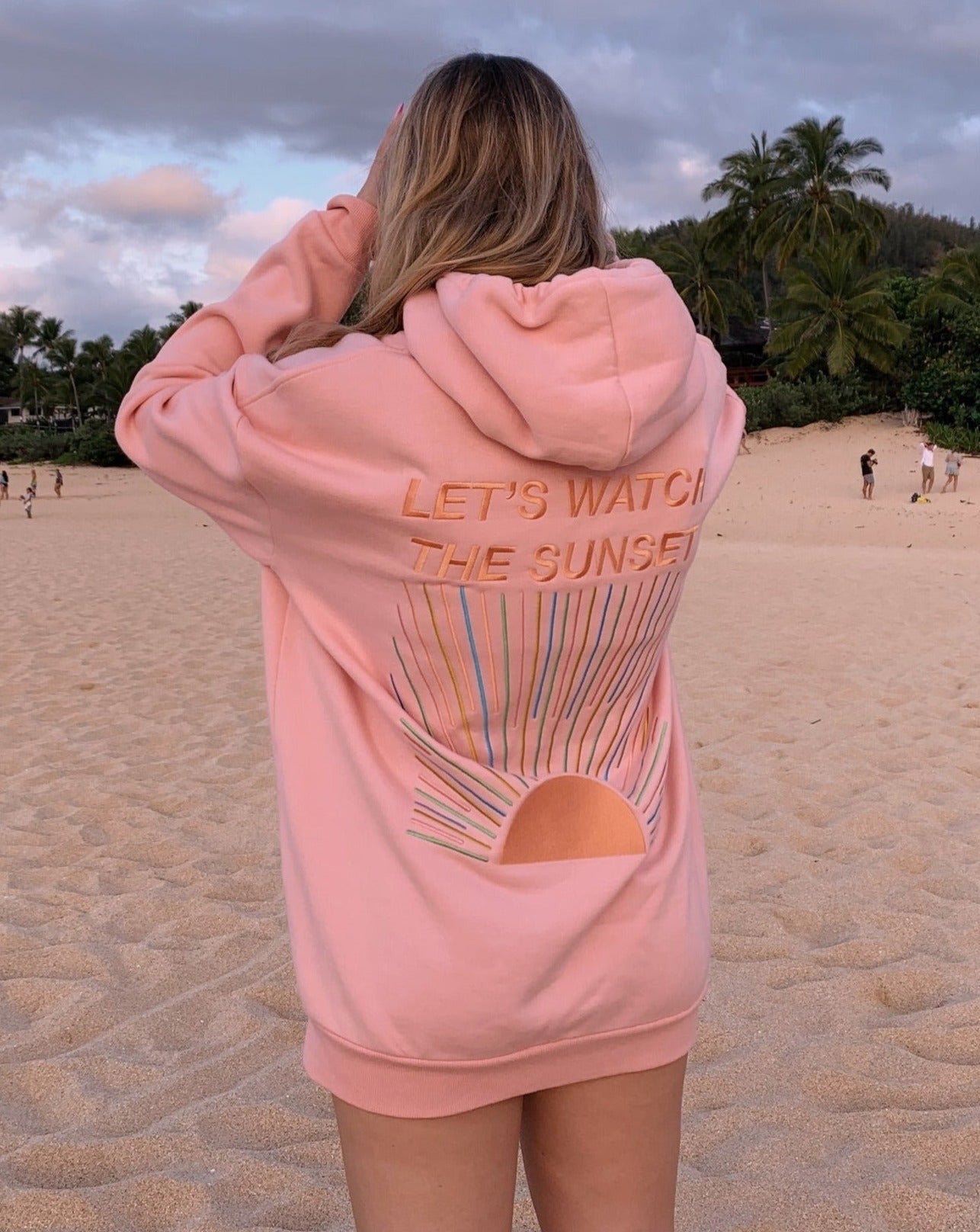 "Let's Watch the Sunset" Embroidered Hoodie in Pink