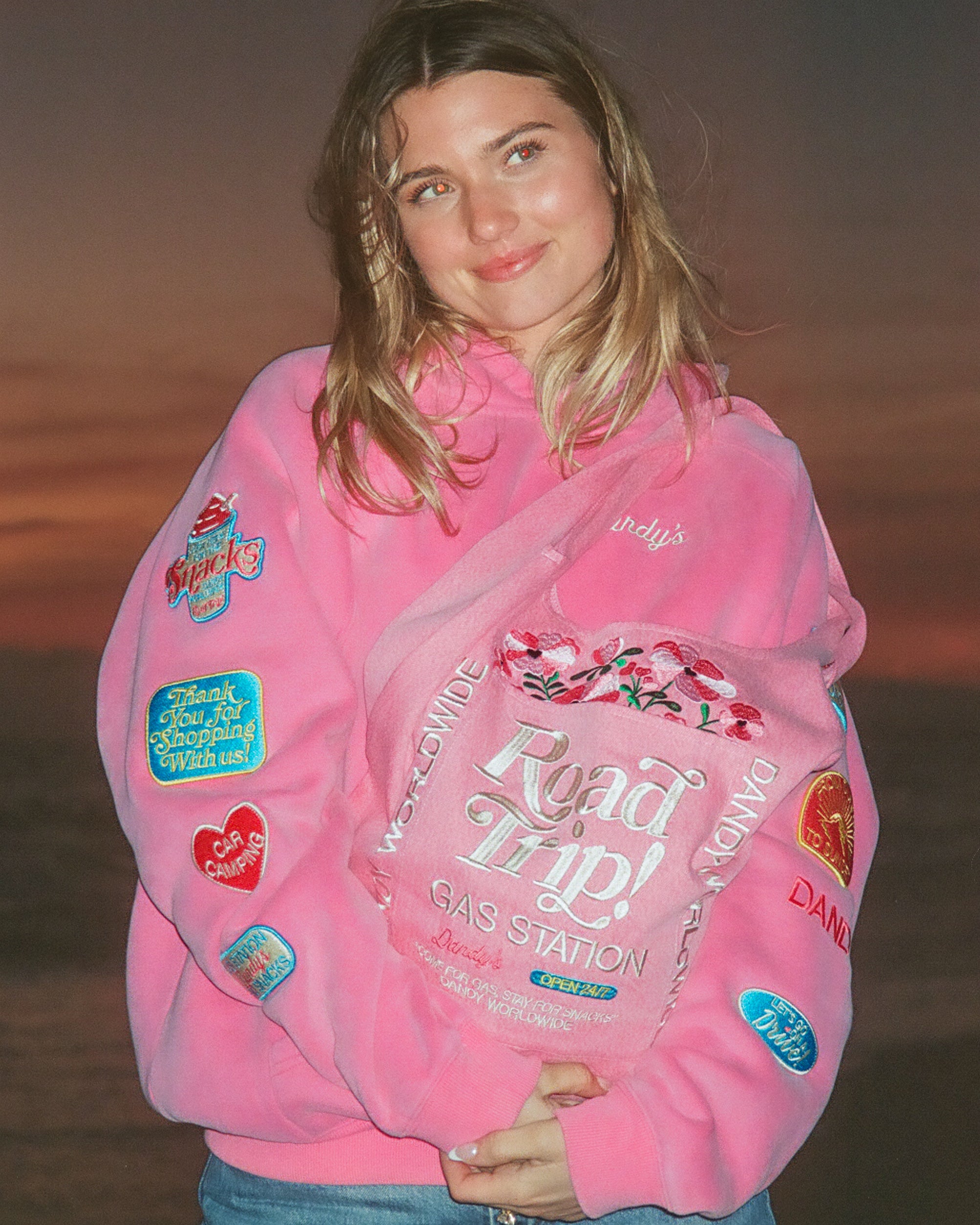 "Road Trip!" Oversized Lux Hoodie in Vintage Washed Pink