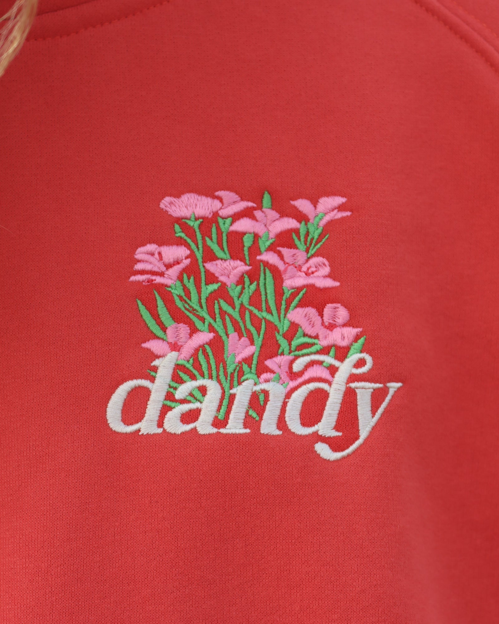 Red sweatshirt with pink floral design and 'dandy' text on a red background