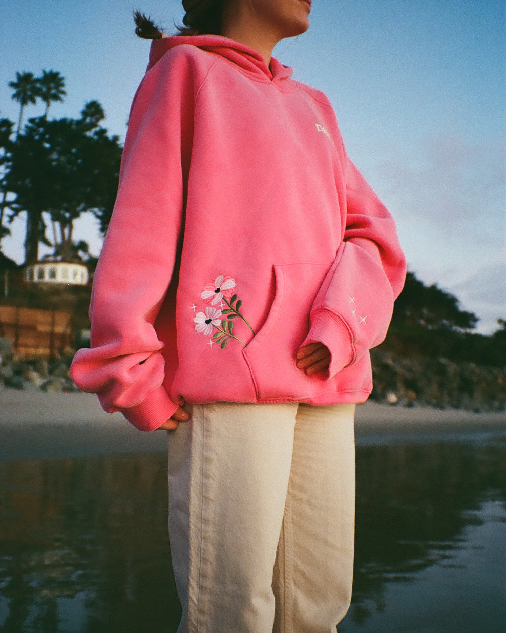 Oversized Graphic Hoodie with Pouch Pocket - Pink