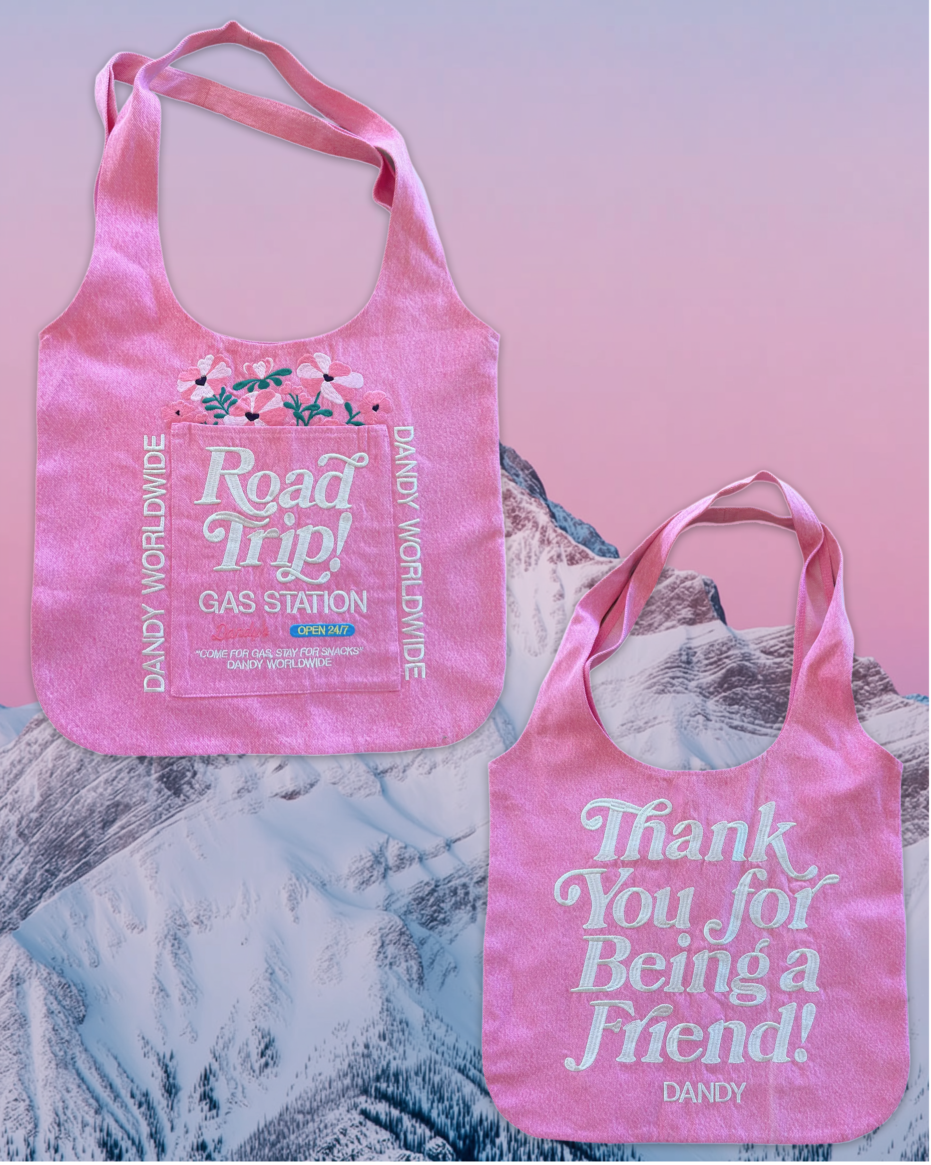 "Road Trip!" Double-Sided Tote Bag in Denim Pink