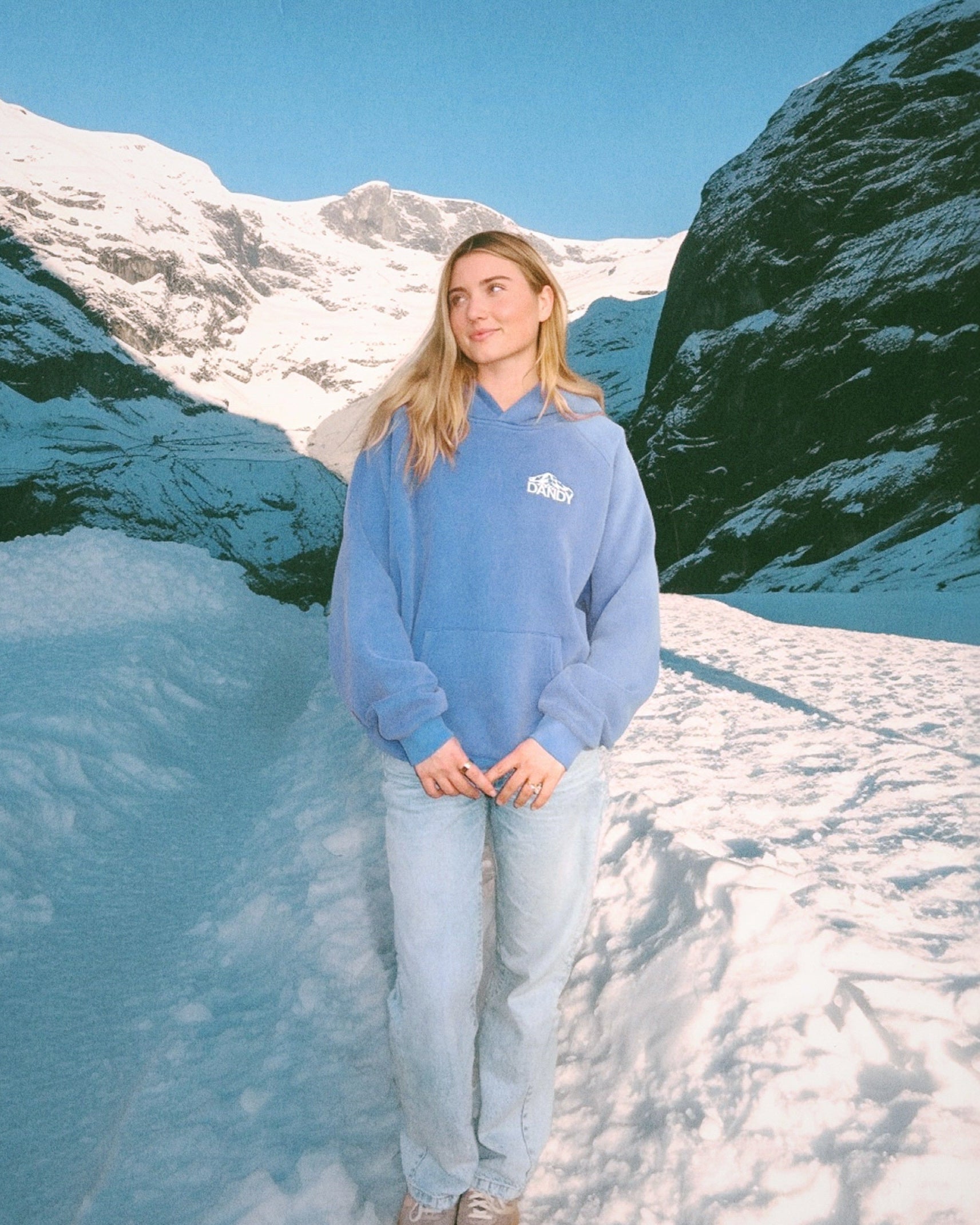 Person wearing a blue sweatshirt standing in a snowy landscape with mountains.
