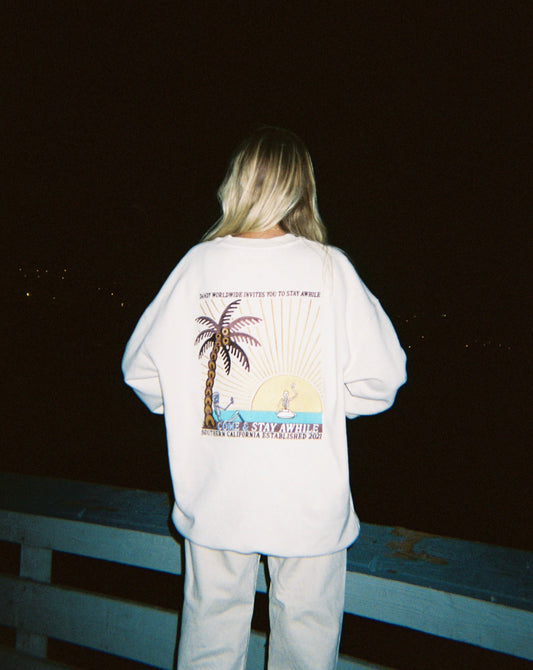 "Stay Awhile" Embroidered Beach Crew