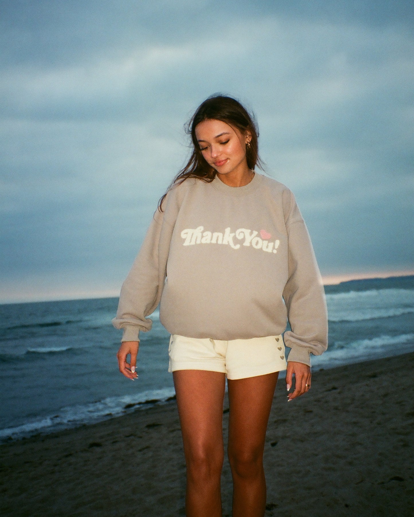 "Thank You" Embroidered Crew Neck in Light Grey