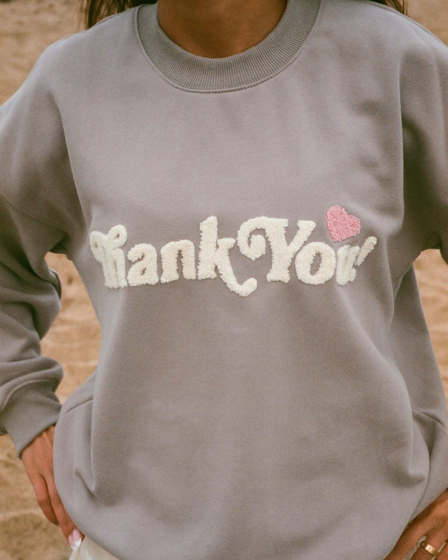 "Thank You" Embroidered Crew Neck in Light Grey