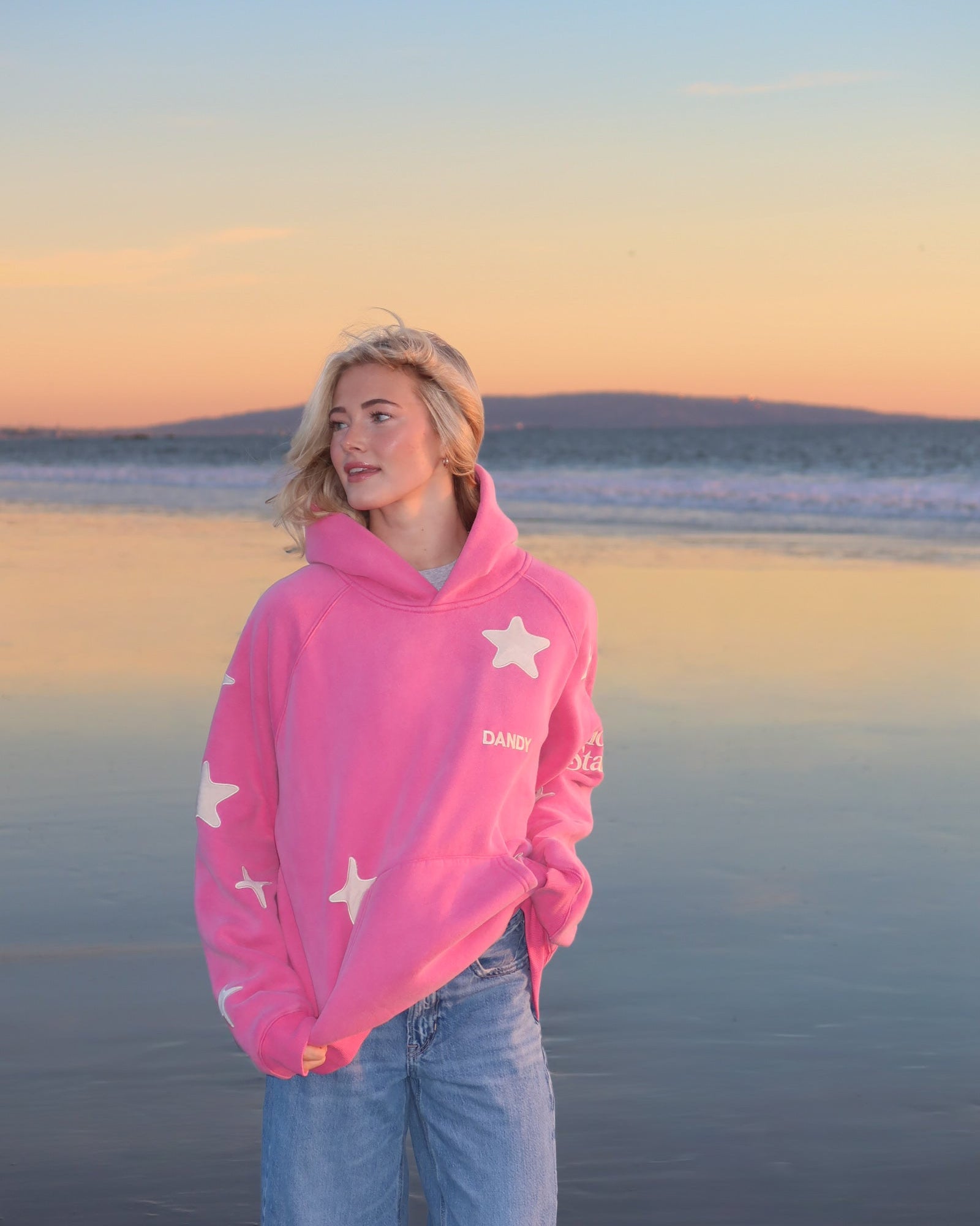 Person wearing a pink hoodie with star designs standing in a desert landscape at sunset.