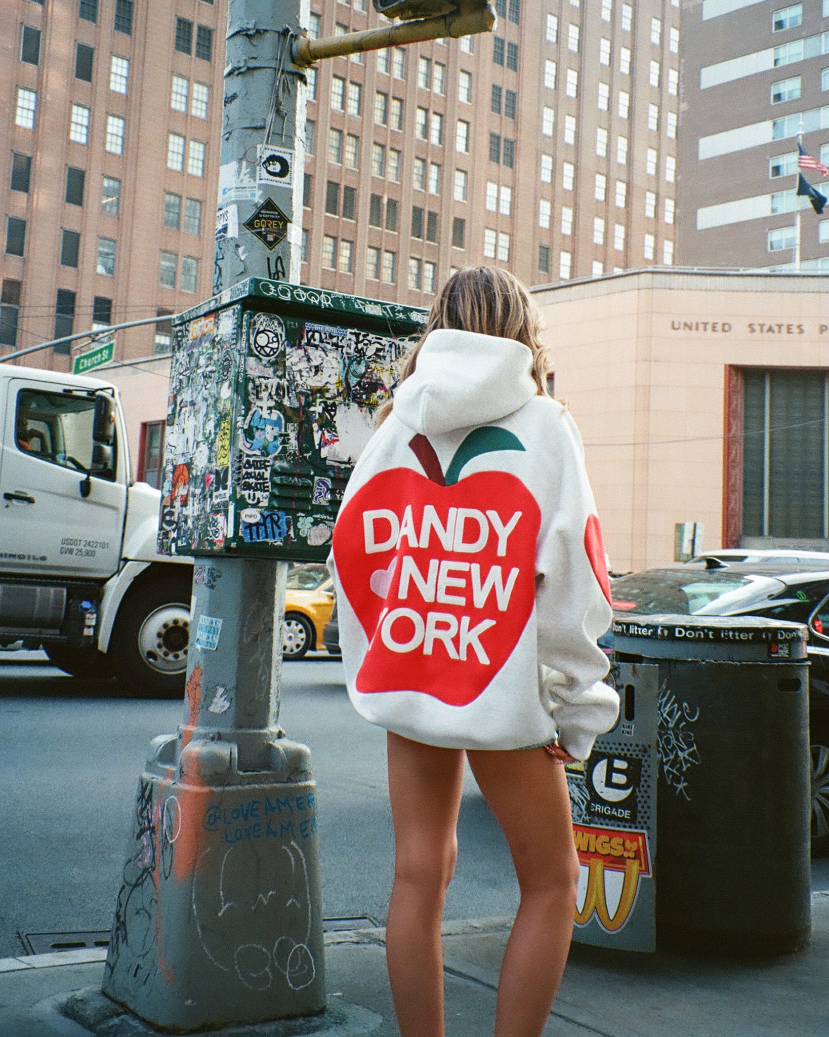 Person wearing a hoodie with 'Dandy New York' design on a city street.