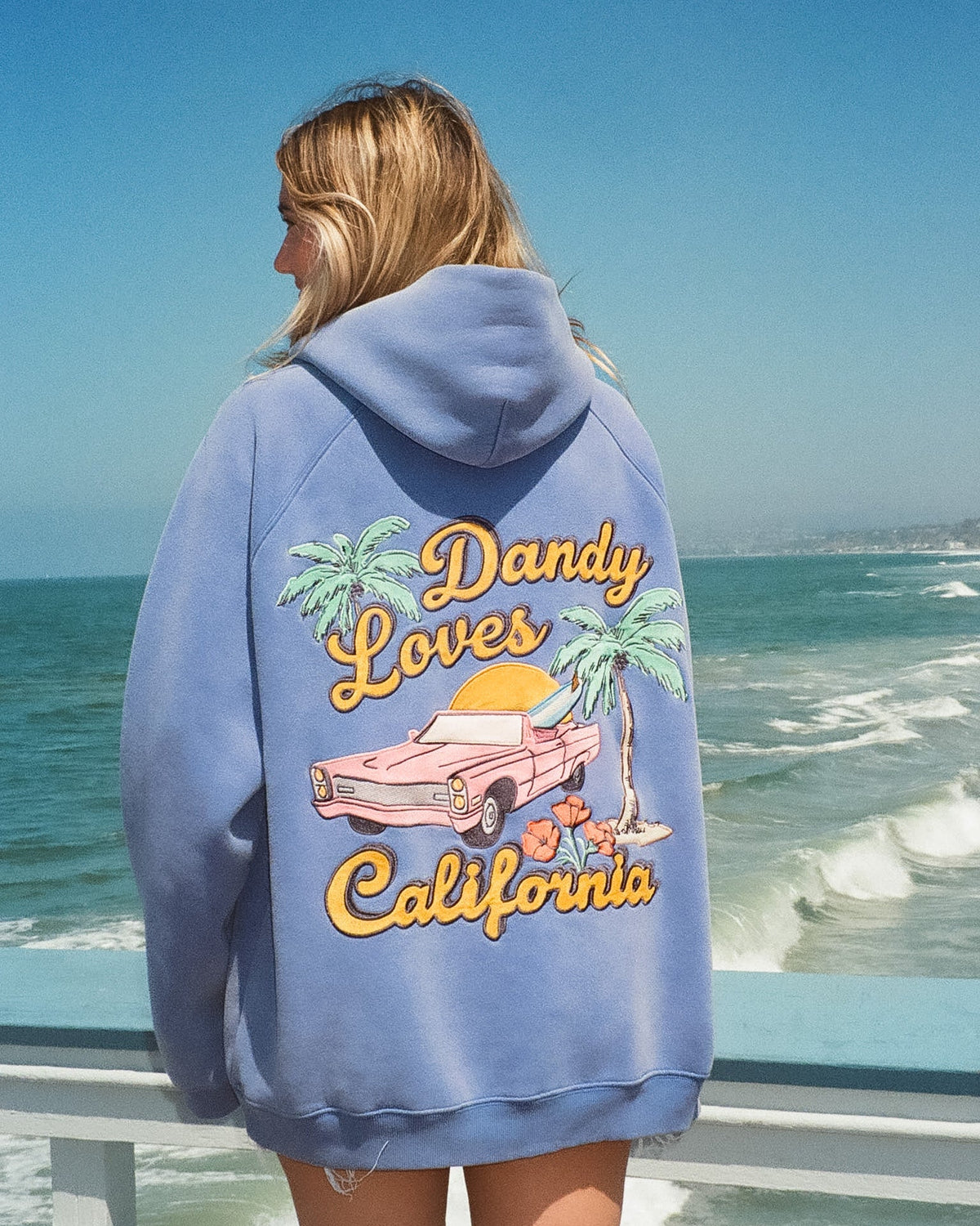 Person wearing a blue hoodie with 'Dandy Loves California' design by the ocean.