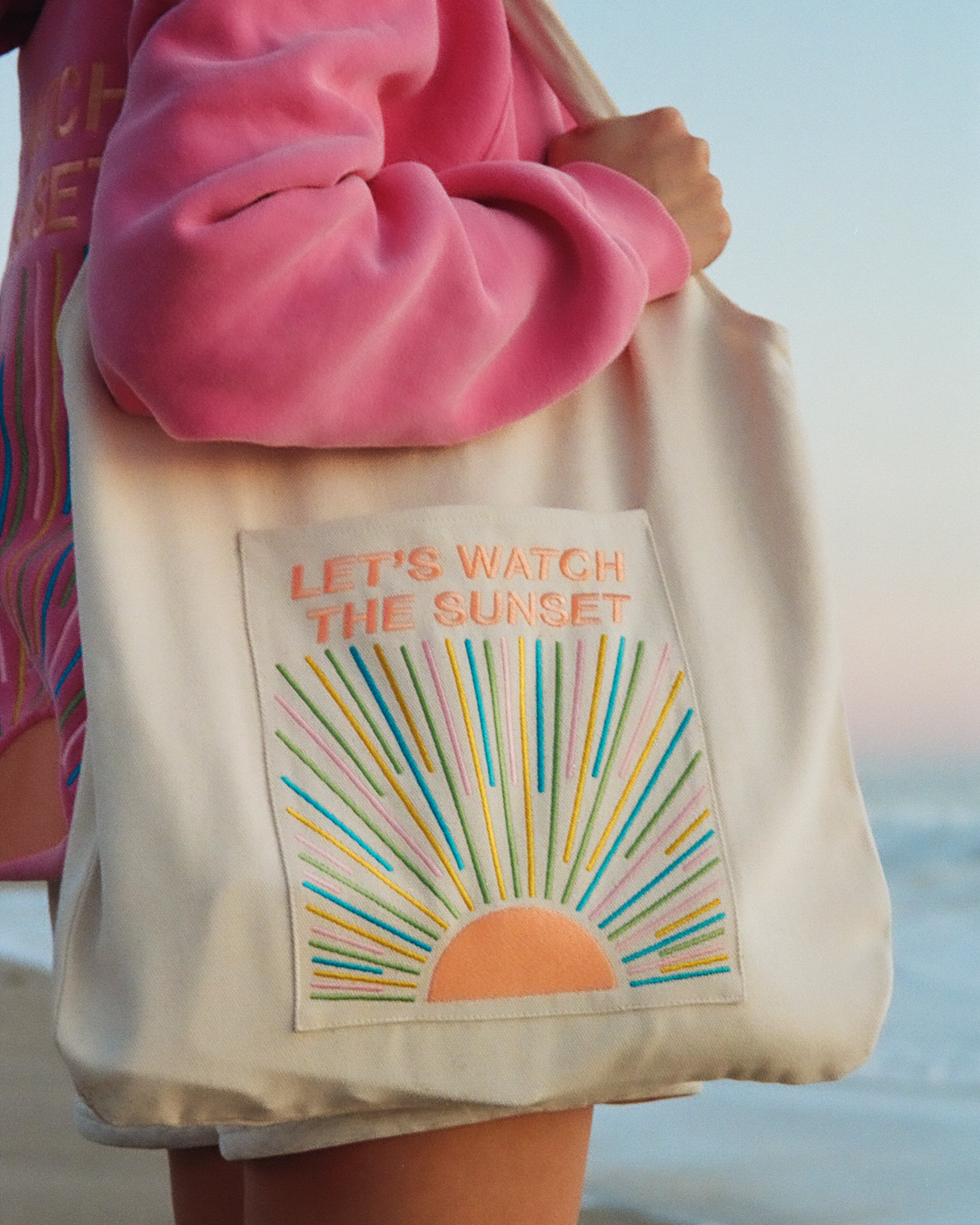 "Let's Watch the Sunset" Embroidered Tote Bag