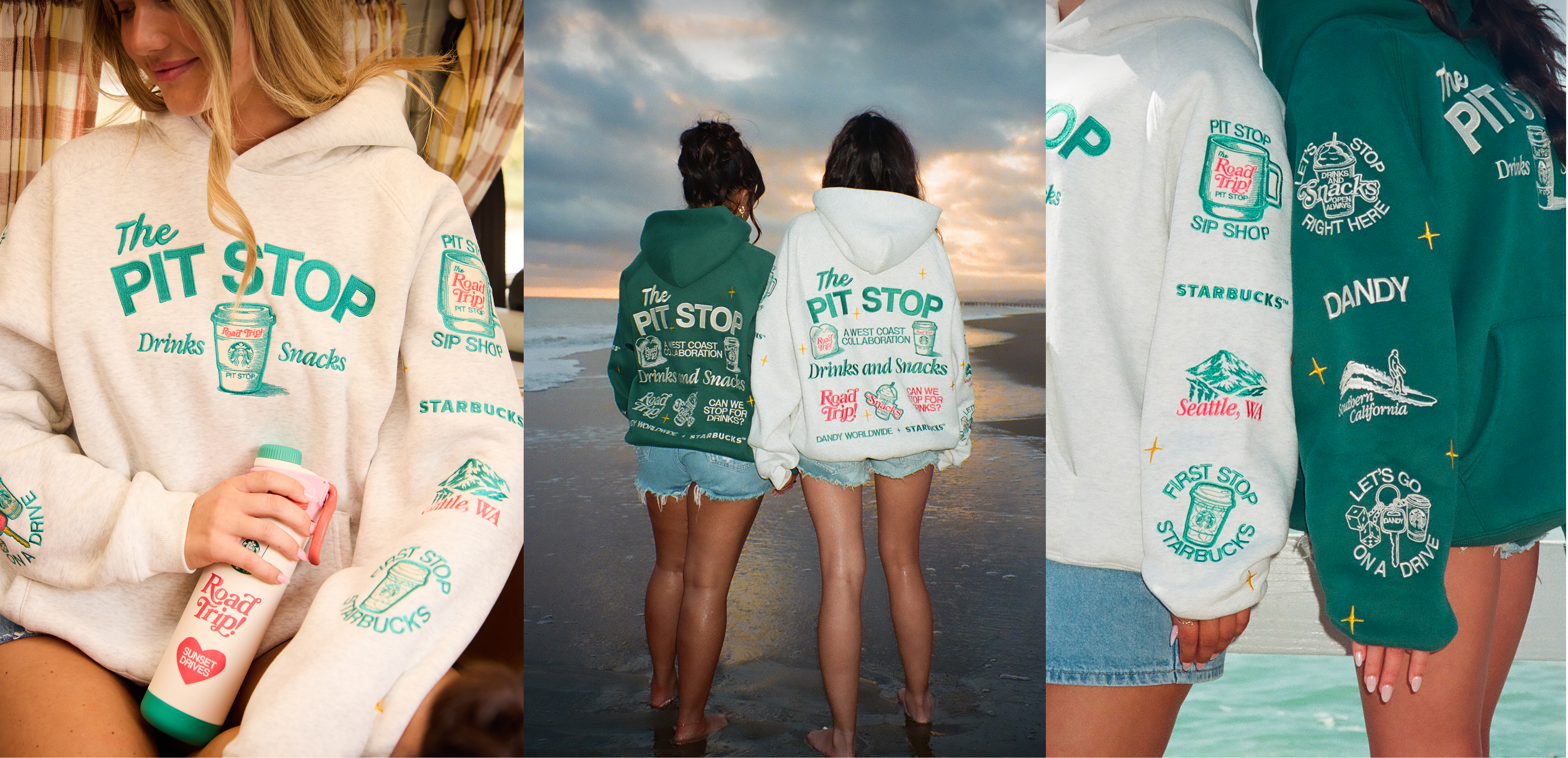 A three-panel collage showing a person wearing a white hoodie with 'The PIT STOP' and Starbucks graphics, plus two back-view photos of the hoodie in green and white on a beach at sunset. The collage also includes close-up sleeve views.