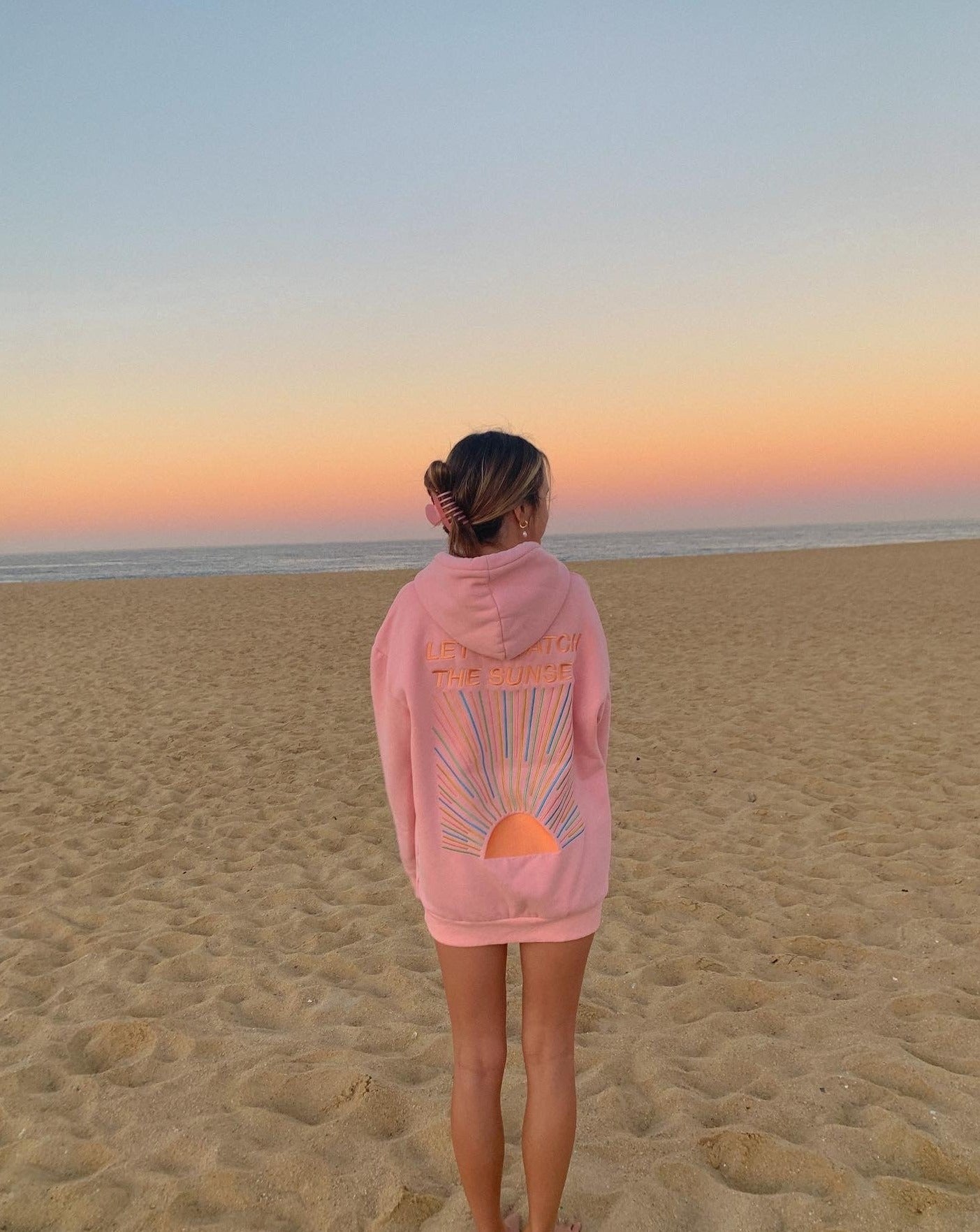 "Let's Watch the Sunset" Embroidered Hoodie in Pink