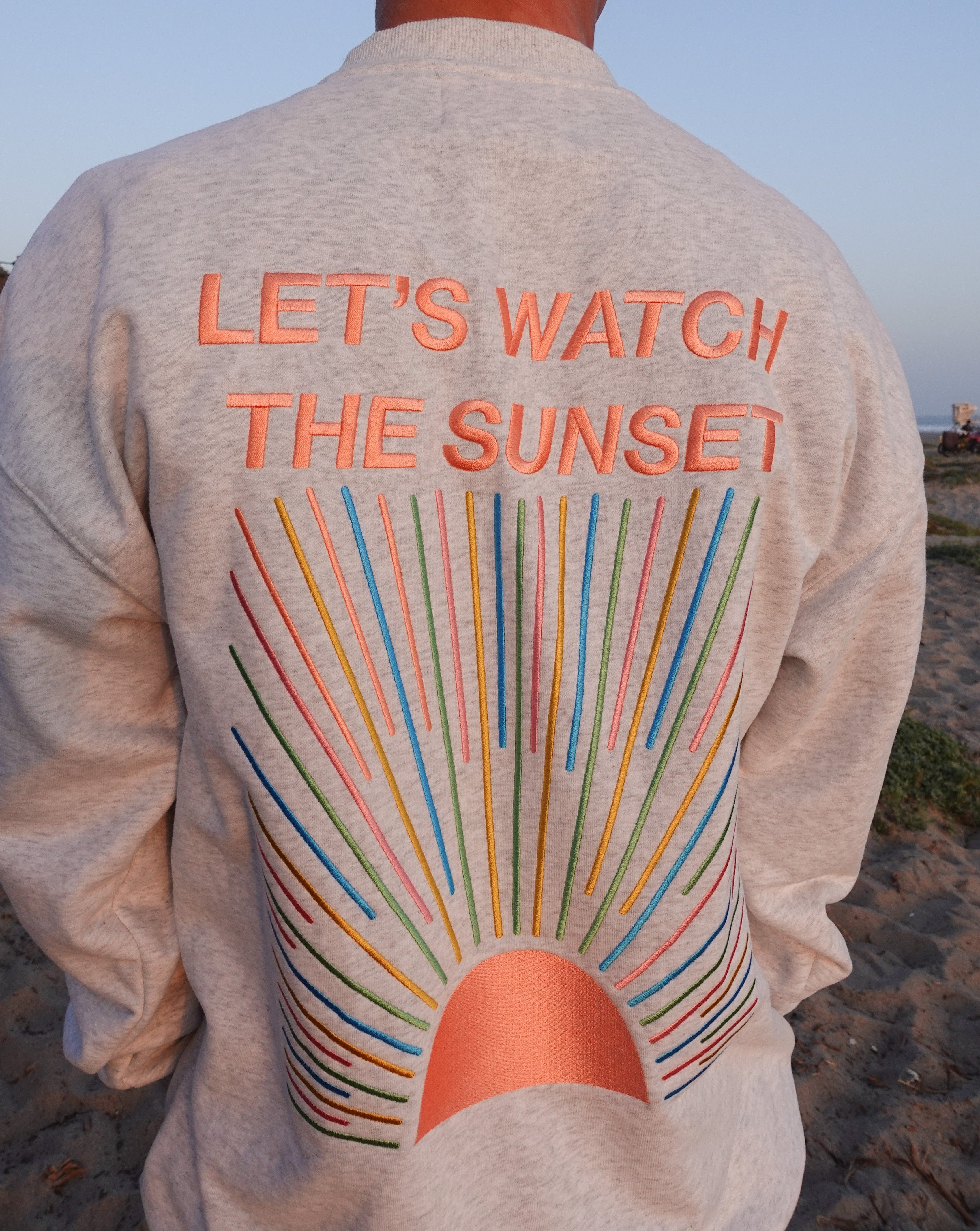 "Let's Watch the Sunset" Embroidered Beach Crew in Heather Grey