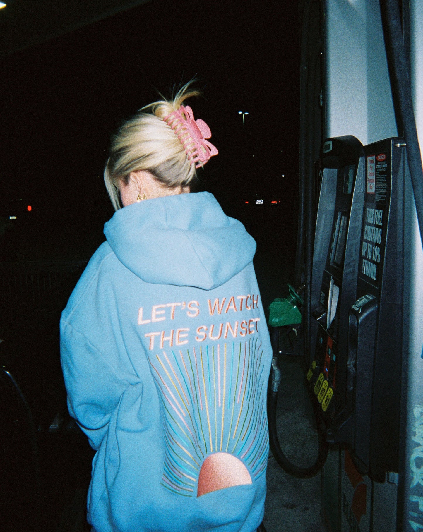 "Let's Watch the Sunset" Embroidered Hoodie in Blue