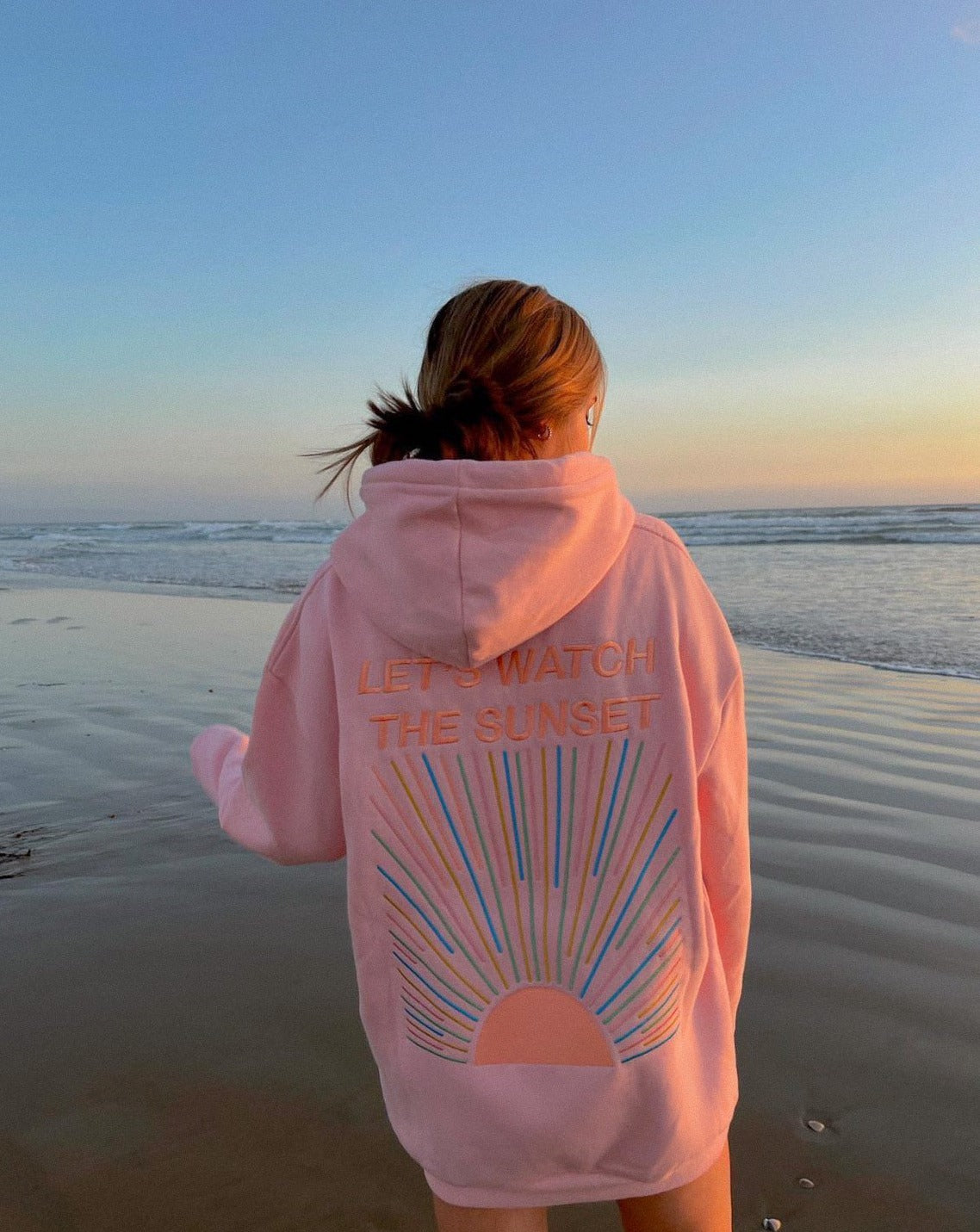 "Let's Watch the Sunset" Embroidered Hoodie in Pink